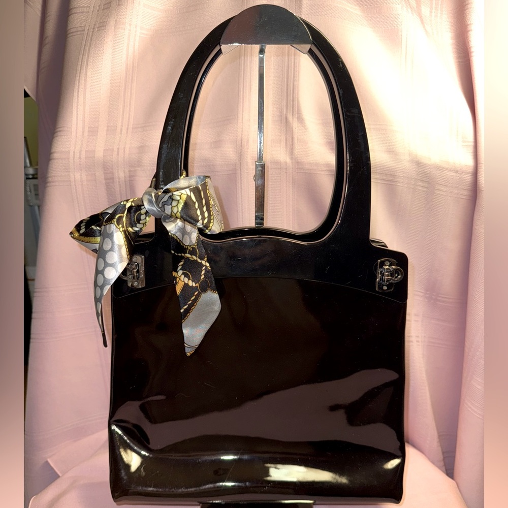Salvatore Ferragamo Glossy Black Tote with Stylish Scarf